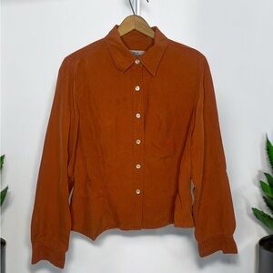 Vintage 90s AKA Eddie Bauer 100% Silk Rust Orange Button Up collard blouse
